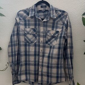 Carbon Slim Fit Long Sleeve Blue Beige Plaid Shirt Men’s Size S